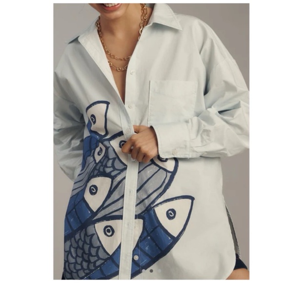 Anthropologie Tops - NWT Anthropo Maeve The Bennet Buttondown Shirt Fish Print Novelty Edition, S
